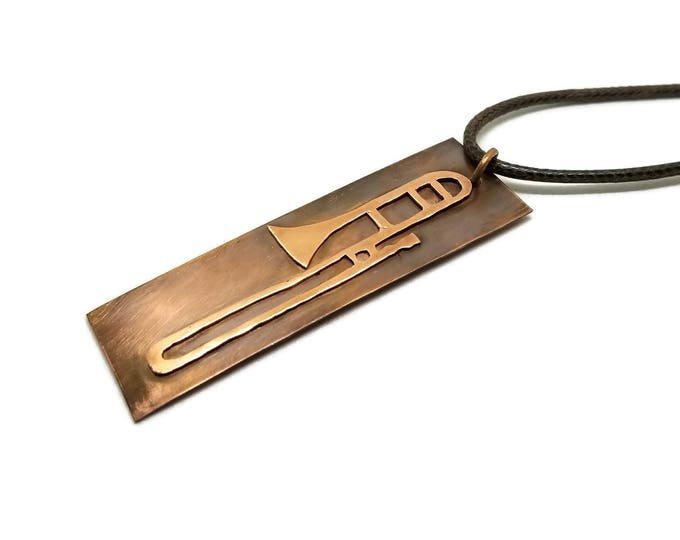Copper Trombone Pendant, Hand Sawn Trombone Key Chain, Band Jewelry, Brass Instrument, Unique Birthday Gift, One of a Kind