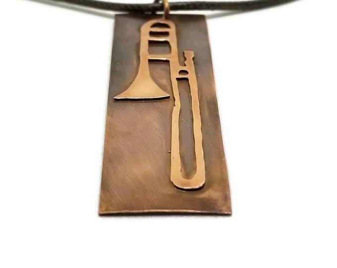 Copper Trombone Pendant, Hand Sawn Trombone Key Chain, Band Jewelry, Brass Instrument, Unique Birthday Gift, One of a Kind