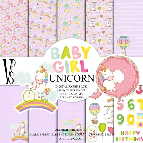 Rainbow Unicorn Digital Paper Pack  Instant Download Printable Hot Air Balloon Baby Girl Nursery Baby Shower Purple Enchanted ClipArt 12x12