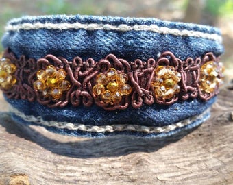 Denim Cuff Bracelet with Beaded Flowers