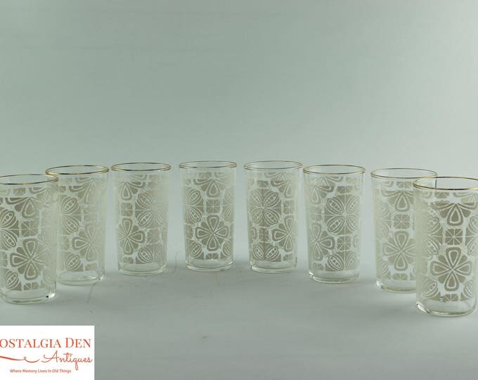 Federal Glass Tumblers | White and Gold 10 Oz MCM Drinking Glasses - Set Of 8