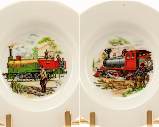 Vintage Cigar Trays | Railroad Steam Engines | Collectible Ashtrays | Porcelain - Set Of 6
