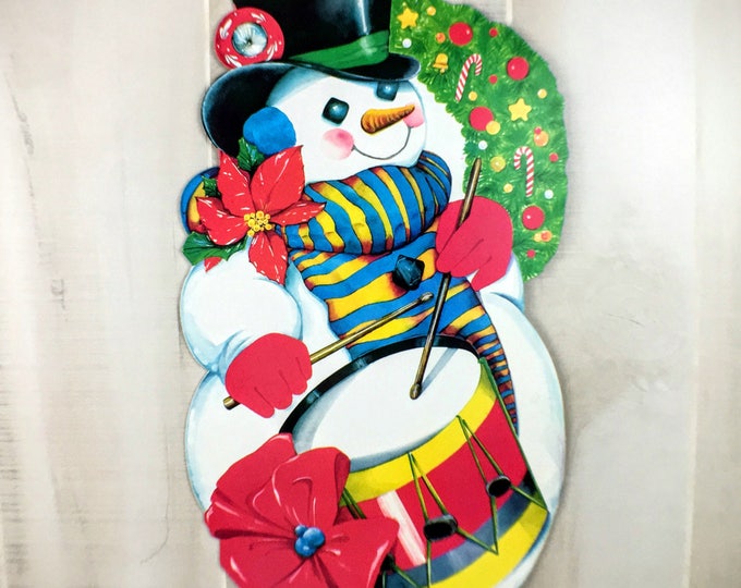 Vintage Die Cut Paper Holiday Snowman Ephemera Cut Out Christmas Wall or Window Decoration