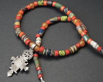 Old Coptic Cross Beaded Necklace E 021