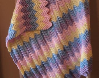 Baby Ripple, Chevron Afghan, Crochet Blanket, Throw Pastel READY TO SHIP