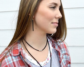 Thin Leather Wrap Necklace // Black Leather Lariat Necklace // Long Leather Wrap Necklace