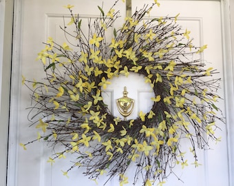 Yellow Forsythia Wreath. Spring Wreath. Summer Wreath. Grapevine Wreath. Spiral Wreath. Front door Wreath. Yellow Wreath. Gift.