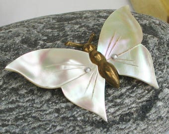 Vintage Butterfly Brooch Faux Mother of Pearl Wings Gold Tone Metal