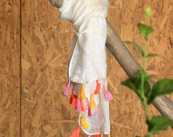 White Scarf/Yellow Orange Pink Tassel/Colourful Unique/Fashionable Scarf/Trendy/Wrap/Shawl/Gift For Her/Spring Summer Scarf/Fringed Wrap