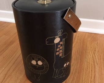 Mid Century Modern vintage Couroc Ice Bucket/Black with pencil type drawings of Giraffe/Lion/Hippo/Cat/brass handle