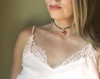 Leather choker/Heart necklace/Heart choker/Gemstone necklace/Choker necklace/90's choker/Fashion jewelry