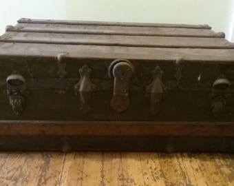 Antique Steamer Trunk, Wood Steamer Trunk, Wood and Metal Trunk, Old Steamer Trunk, Train Trunk, Farmhouse Antiques, Wooden Chest
