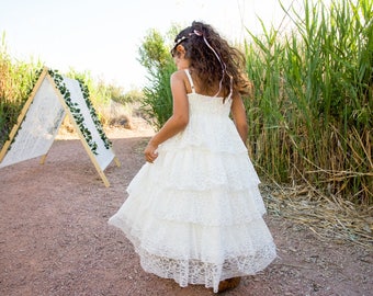 Boho Flower Girl Dress, First Communion Dress, White Lace Dress, Rustic Flower Girl, Ruffle Dress, Girls Couture Dress, Shabby Chic Dress