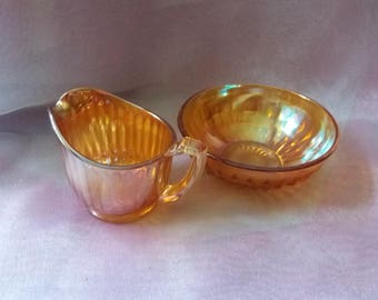 Mid century art deco luminescent glass carnival ware sugar bowl and milk jug, creamer, vintage, retro