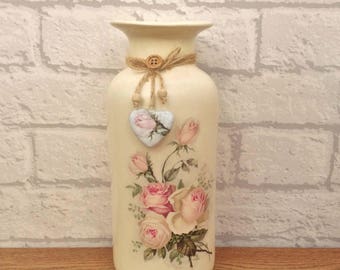 Pink Rose Decor, Shabby Chic Decor, Vase Pink Rose, Cream Decor, Shabby Chic Pink, Ceramic Vase, Pink Roses Vase, Shabby Chic Vase,