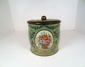 Vintage Tin Canister Decorated with Roses, Made in England, Storage Container, Shabby Chic Kitchen Decor