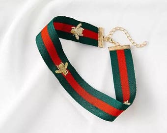 GUCCI style choker necklace fashion 2017 green red gold striped