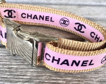 Coco Chanel Inspired 1" Wide Dog Collar, Logo Dog Collar, Designer Dog Collar, Blush Pink Dog Collar, Silver Hardware Collar