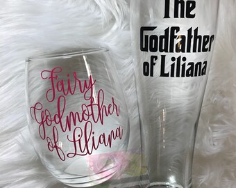 The Godfather and Fairy Godmother beer and wine glasses, godfather and godmother gifts
