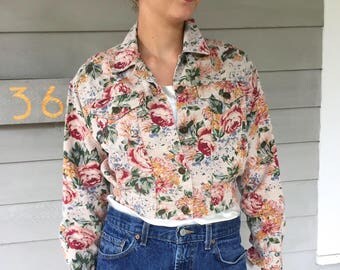 Vintage 90s Cropped Linen Floral Denim Jean Jacket | XS/S