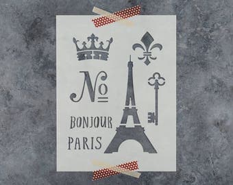 French Stencil - Reusable DIY Craft Stencils of the Eiffel Tower, French Words, Crown, and Fleur De Lis - Paris Stencil