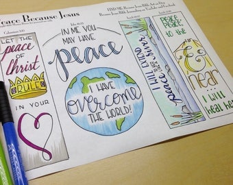 Peace Because Jesus Bible Journaling Margin Art & Tip-in, Printable and Traceable Templates, Hand Lettering, set of 4, 1 page