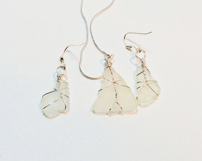 White Authentic Lake Michigan Beach Glass - Wire Wrapped silver artistic wire - For Her - Cute Necklace and Earring Set