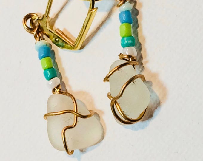 Cute tiny pieces of white beach glass with blue and green beads earrings gold color wire wrap