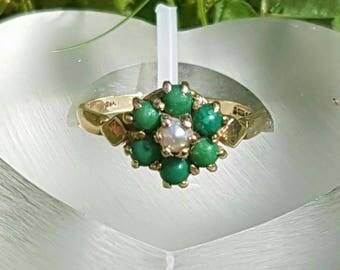 Turquoise & Seed Pearl Flower Cluster 9ct gold ring