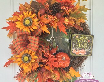 Happy Fall grapevine wreath, Pumpkin fall wreath, Fall wreath, Traditional fall wreath, Fall front door wreath, Fall sunflower wreath