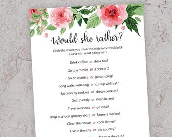 Would She Rather, Bridal Shower Games, Printable Bridal Shower, Floral Bridal Shower, Bridal Shower Game, Bachelorette Party, Hens, GFBS4
