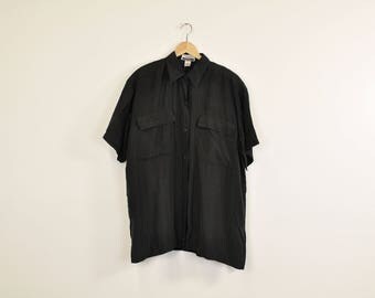 Minimal Silk Shirt, Vintage Silk Top, Short Sleeve Oxford, Pocket Front Shirt, 90s Black Silk Blouse, Loose Silk Button Down, Tie Front Top