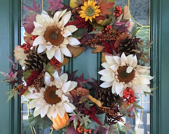 Fall Wreath - Sunflower Wreath - Autumn Wreaths - Front Door Wreath for Fall - Thanksgiving Wreath - Autumn Door Wreath - Fall Door Decor