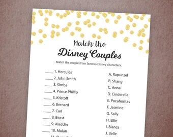 Match the Disney Couples Bridal Shower Game Gold Confetti