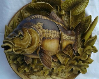 3D wooden carving plate, home decor, fish
