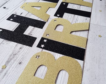 Happy Birthday Banner, glitter banner, birthday decorations, gold birthday banner, black birthday banner, adult birthday banner, birthday