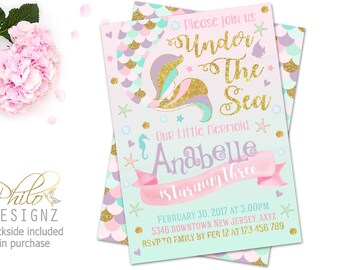 Mermaid Birthday Invitation, Mermaid Invitation, Under The Sea Birthday Invitation, Under The Sea Party, Mermaid Tail Invite