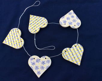 Hand made Ceramic Heart Bunting in Blue and Yellow