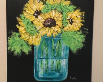 Sunflowers Painting, sunflower painting, acrylic painting, sunflower decor, Mason jar painting, mason jar