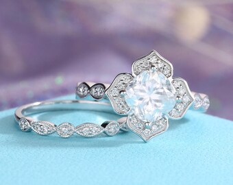 Art deco Engagement Ring set Moissanite Forever Brilliant Cushion cut vintage Wedding Women Diamond Unique antique Bridal Set stacking gift