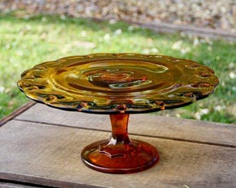 Cake Stand - Cake Plate - Glass Cake Stand - Amber Glass Cake Stand - Orange Glass Cake Stand - Vintage Cake Stand - Vintage Cake Plate