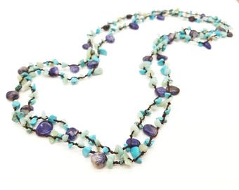 60" Amazonite, Sodalite and Turquoise Magnesite Knotted Necklace