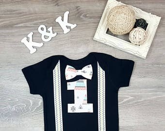 Boho First Birthday Boy, 1st birthday boy, Suspender and Bow tie, smash cake boy outfit, boys first birthday, bow tie birthday