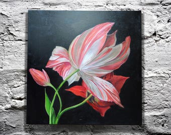 Original oil art Present for her mom Tulip Flower art pink Canvas painting Bedroom decor Living room Black art Vibrant still life Christmas