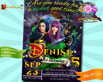 Descendants 2, Invitation, Decorations, digital, Invite, custom, personalized, birthday, party, 2, Disney, Descendants, Descendientes, Card