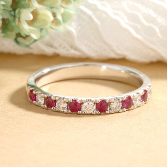 Ruby wedding band women white gold Vintage Delicate Half