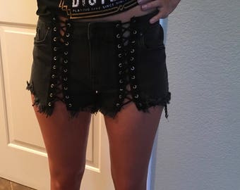 Black distressed jean shorts with lace up