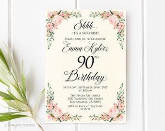 Surprise 90th Birthday Invitation, Ivory Floral Birthday Invitation, Any Age, Watercolor, Cream Invite, PERSONALIZED, Digital file, #W66
