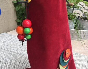 Red Suede Leather Wine Tote with Colorful Beads, Wine Bag