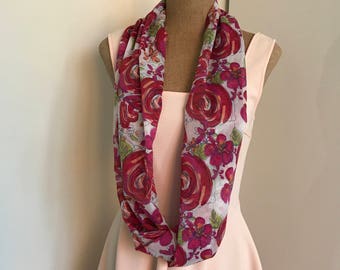 Pink qnd ared Floral Chiffon Single Twist Summer Circle / Infinity Scarf